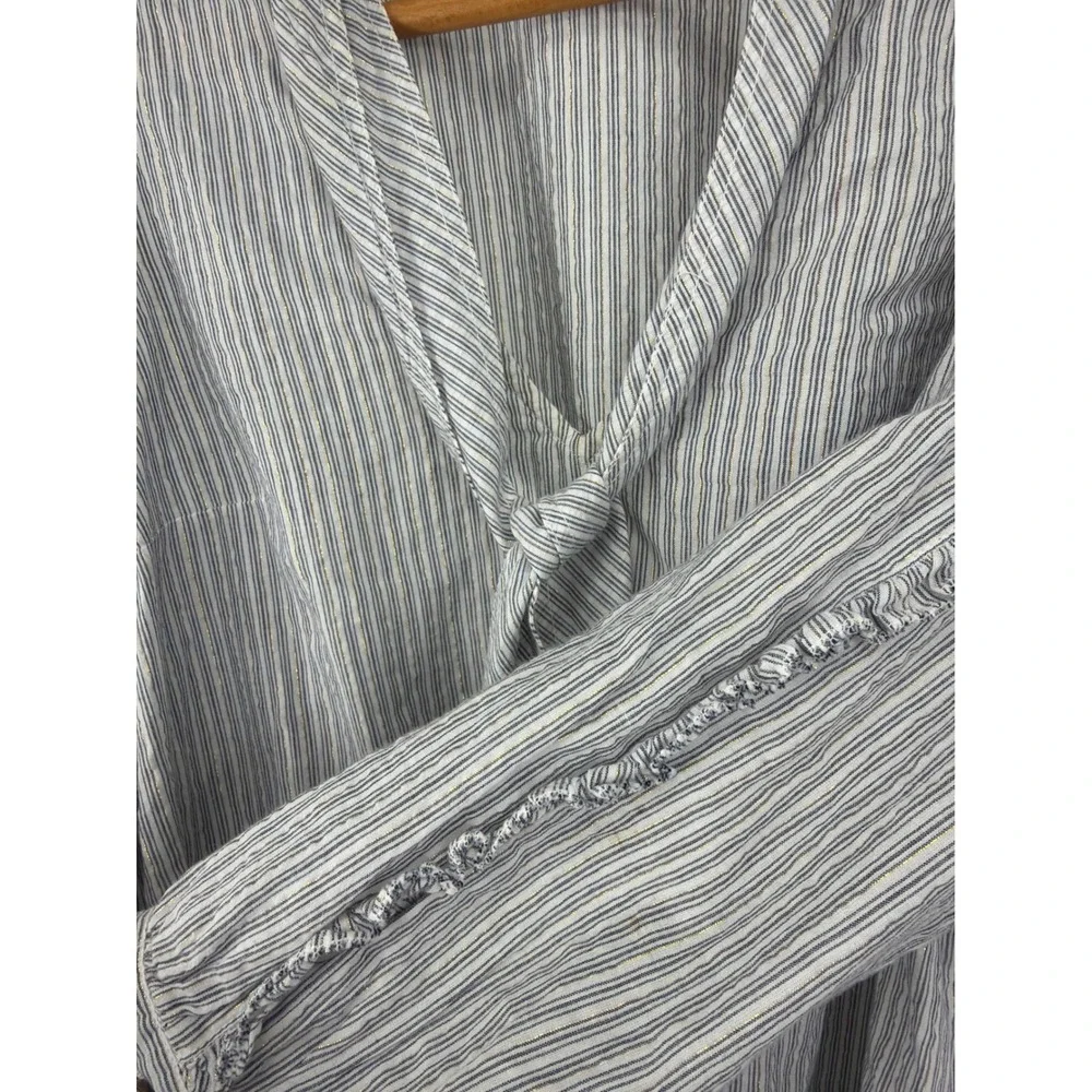 Ulla Johnson Striped Tie Neck Blouse Blue White‎ Gold Lurex Ruffle Sleeve Size 2